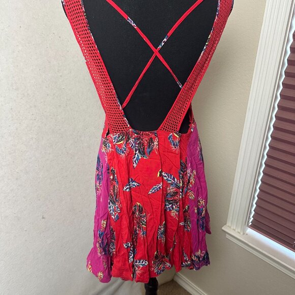 Free People Thought I Was Dreaming Red Floral Mini Dress Sz M Boho strappy back - Picture 6 of 8